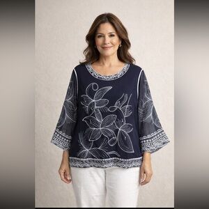 Chico's Navy Sheer Long Sleeves White Embroidered Flower Blouse
Cruise Size 3/XL